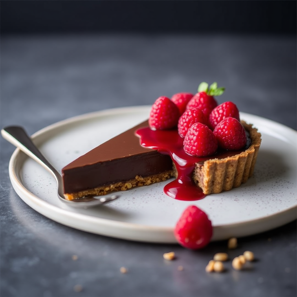 Chocolate Ganache Tart with Raspberry Coulis and Hazelnut Crust