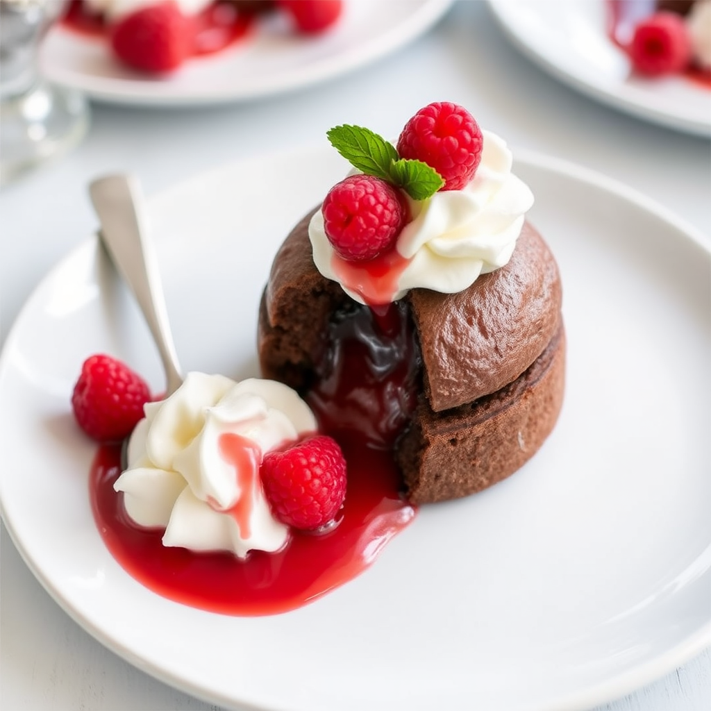 Chocolate Soufflé Cake with Raspberry Coulis and Whipped Cream