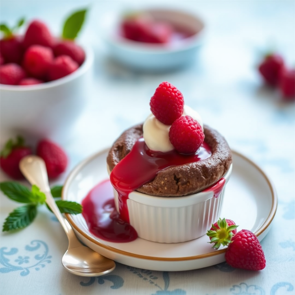 Chocolate Soufflé Cake with Raspberry Coulis