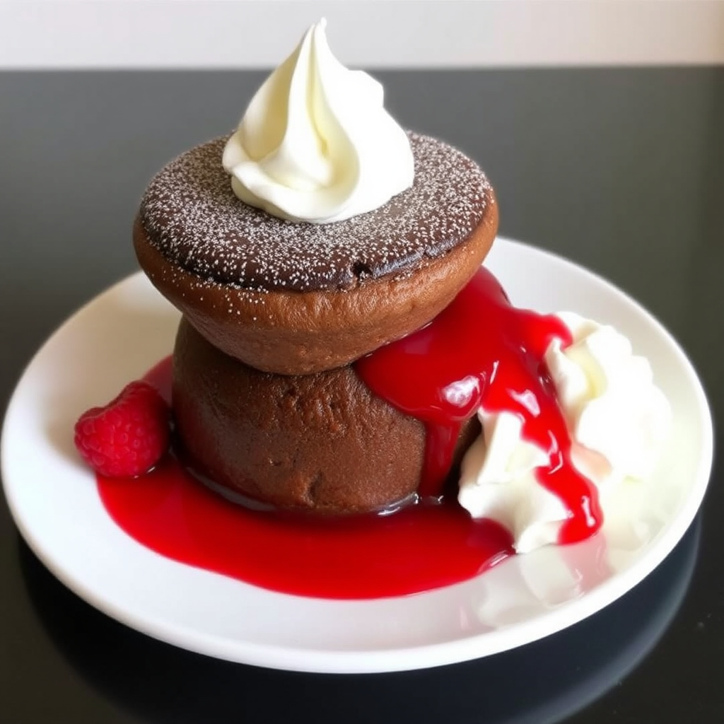 Chocolate Soufflé with Raspberry Coulis and Fresh Whipped Cream