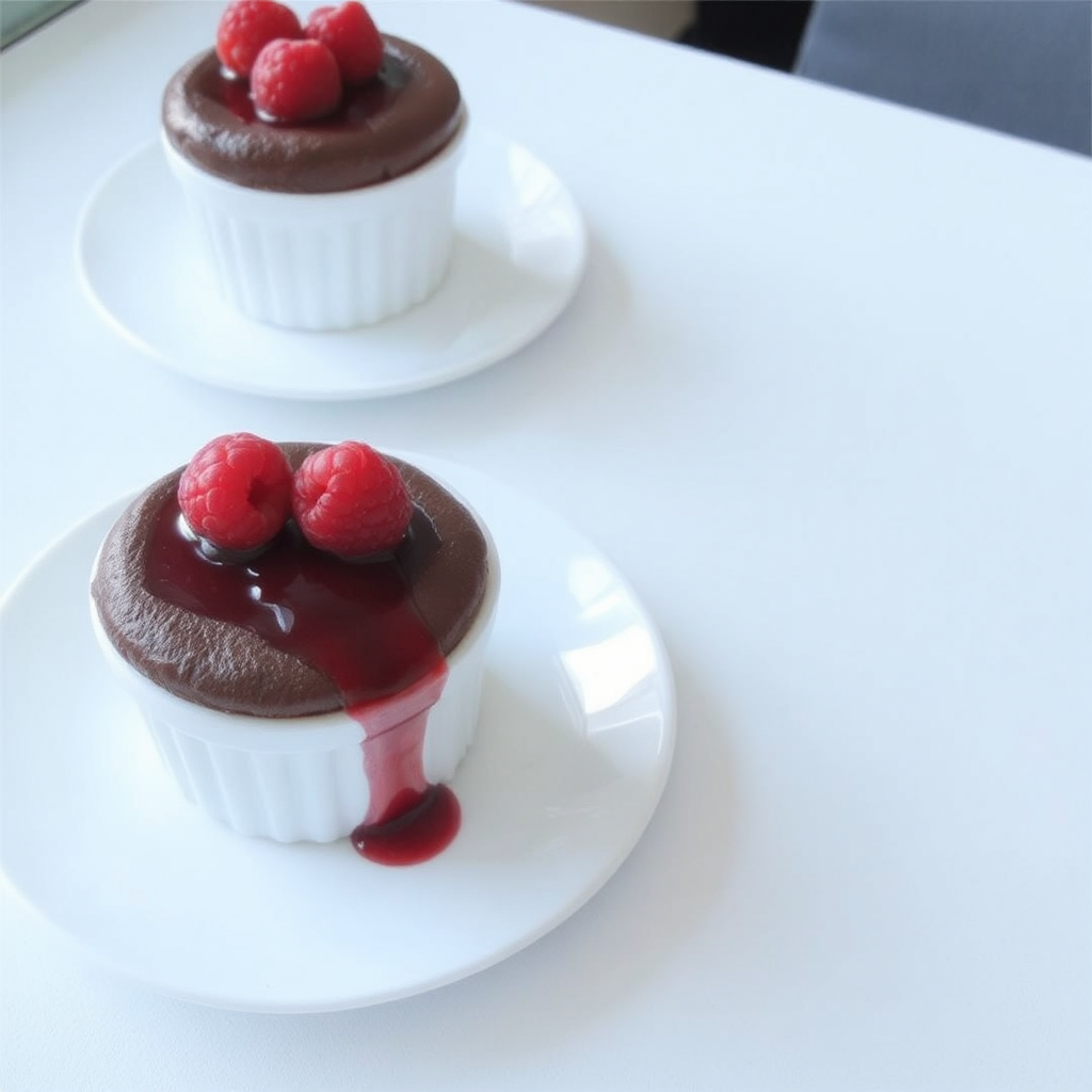 Chocolate Soufflé with Raspberry Coulis and Shortbread Crust