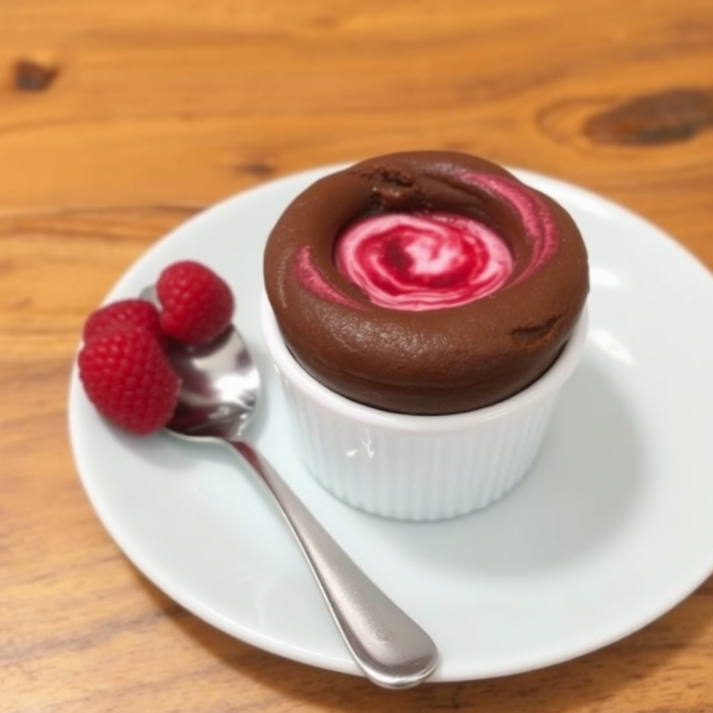 Chocolate Soufflé with Raspberry Swirl