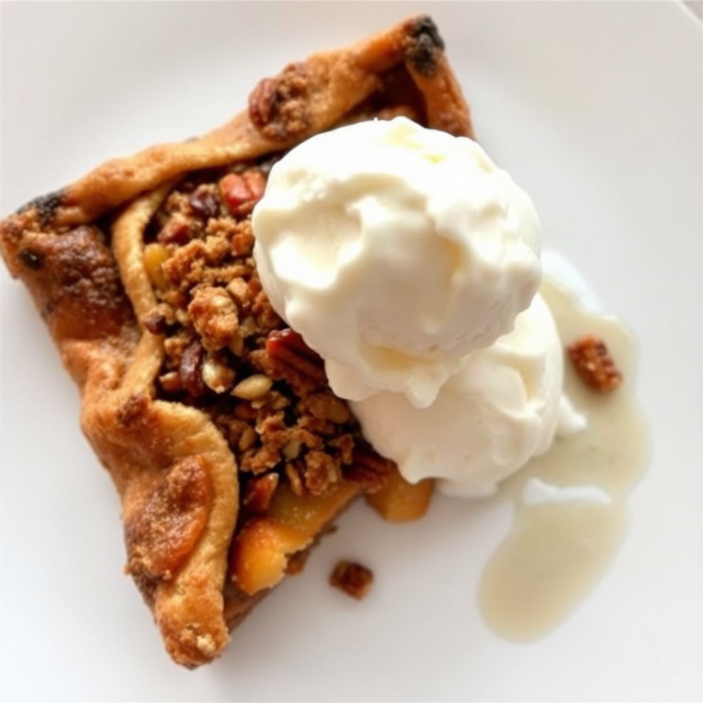 Cinnamon Apple Galette with Pecan Crumble Topping and Vanilla Ice Cream