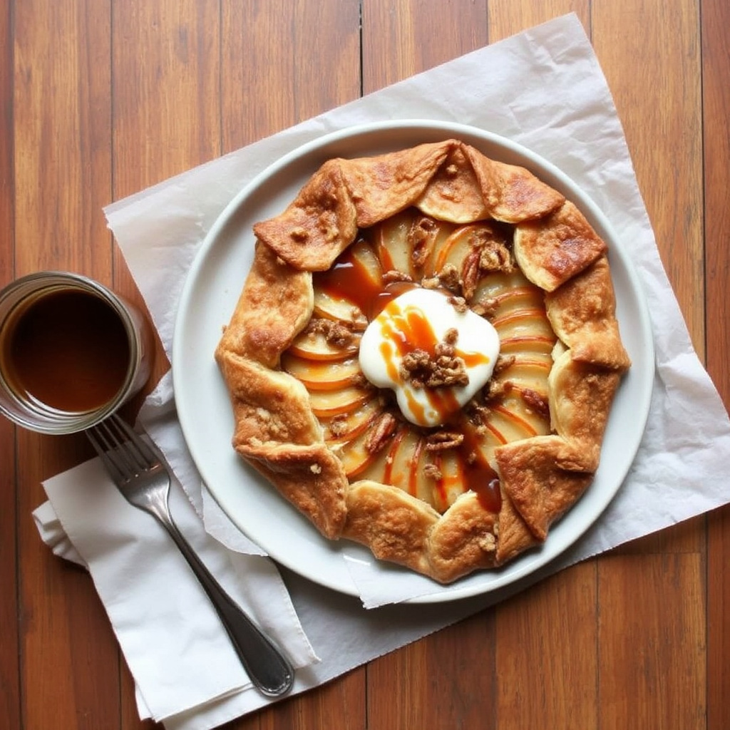 Cinnamon Apple Galette with Pecan Crumble and Salted Caramel Sauce