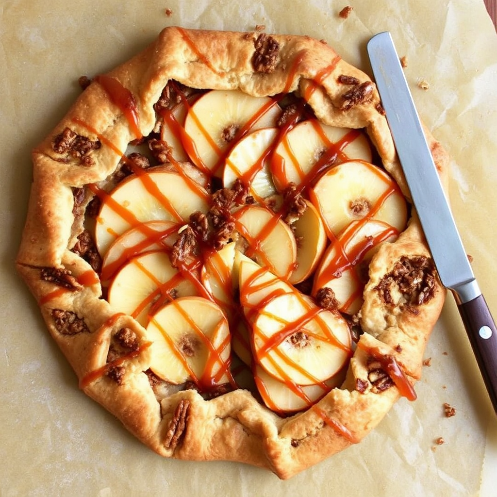 Cinnamon Apple Galette with Pecan Crust and Caramel Drizzle