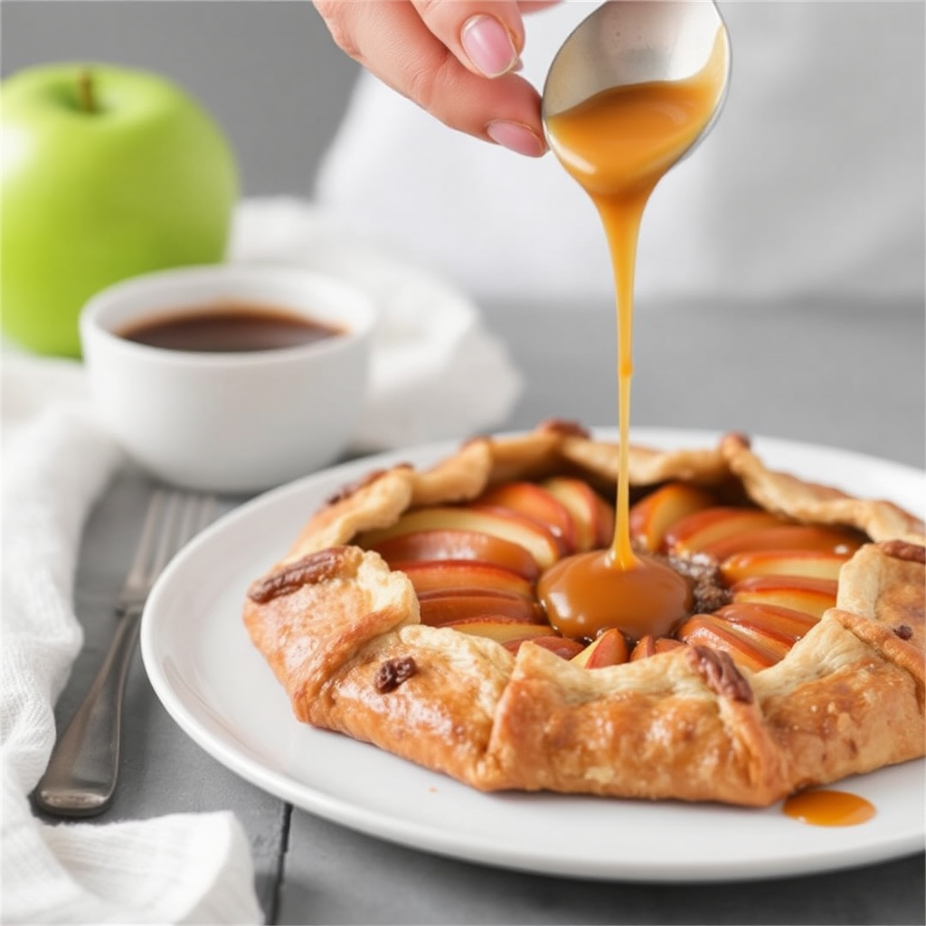 Cinnamon Apple Galette with Pecan Crust and Salted Caramel Sauce