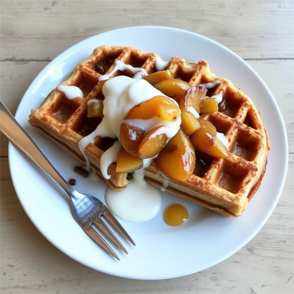 Cinnamon Roll Waffles with Cream Cheese Glaze and Caramelized Apples