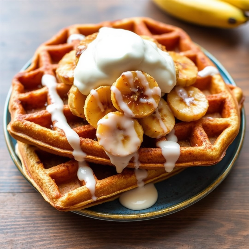 Cinnamon Roll Waffles with Cream Cheese Glaze and Caramelized Bananas