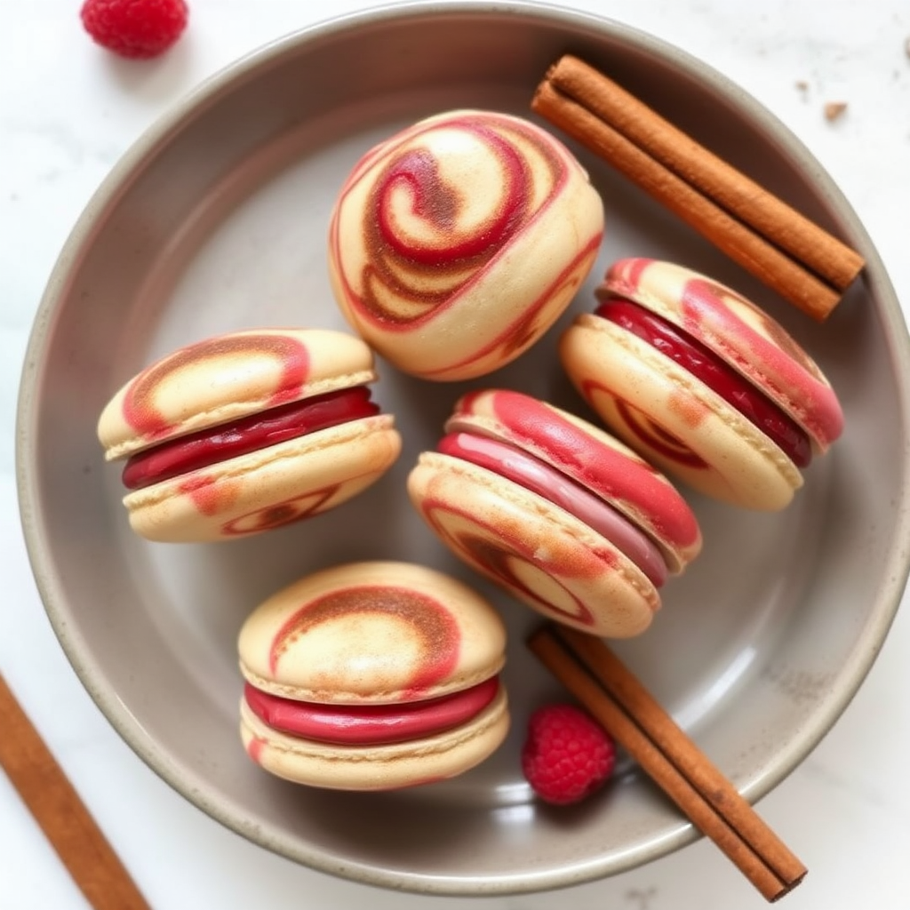 Cinnamon Swirl French Macarons with Raspberry Ganache