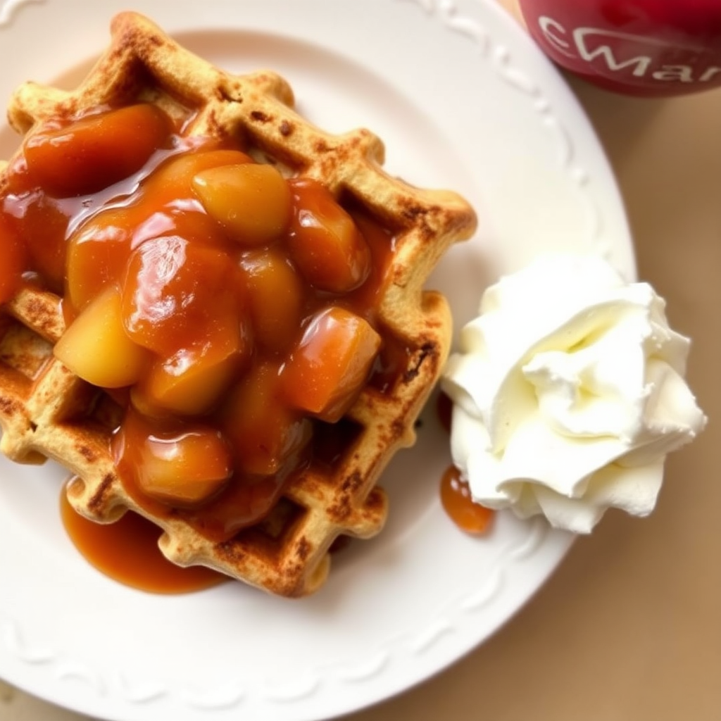 Cinnamon Swirl Waffles with Apple Compote and Whipped Cream