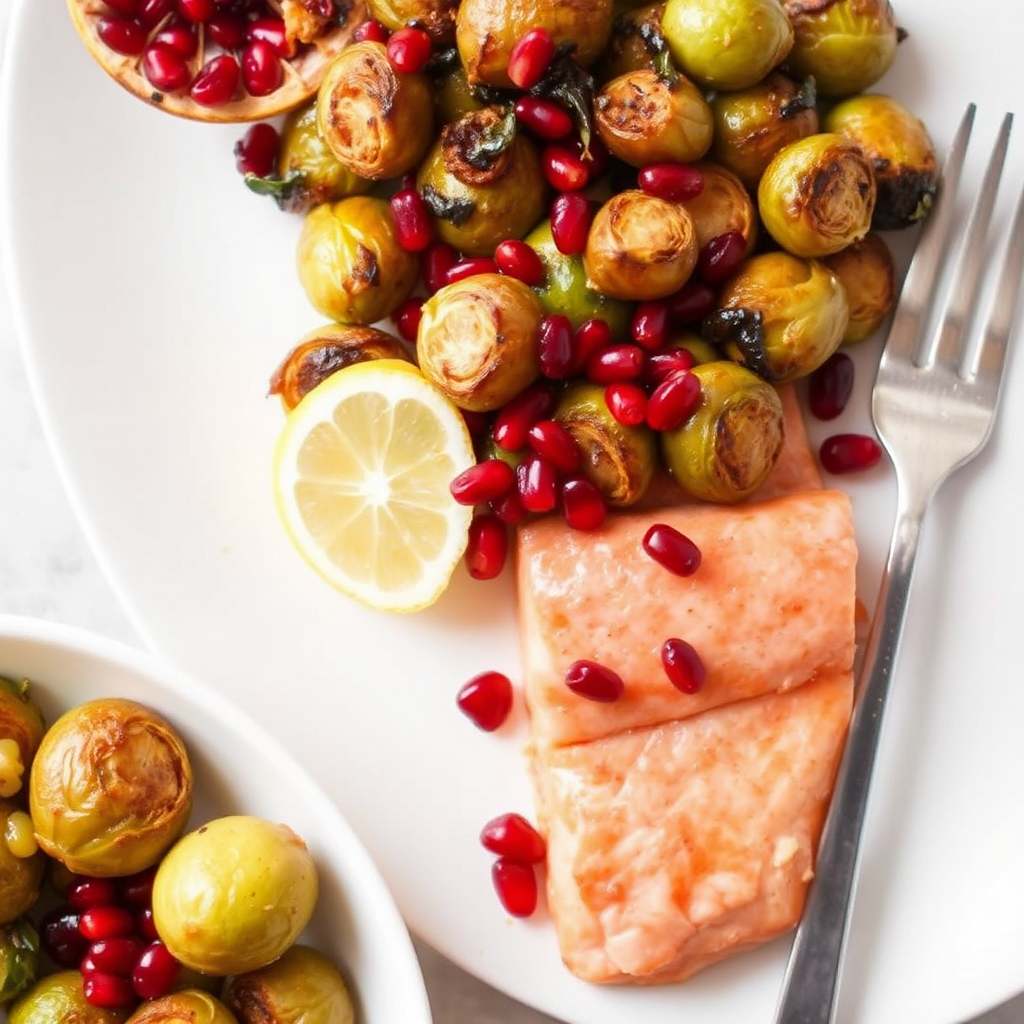 Citrus-Glazed Salmon with Roasted Brussels Sprouts and Pomegranate Seeds