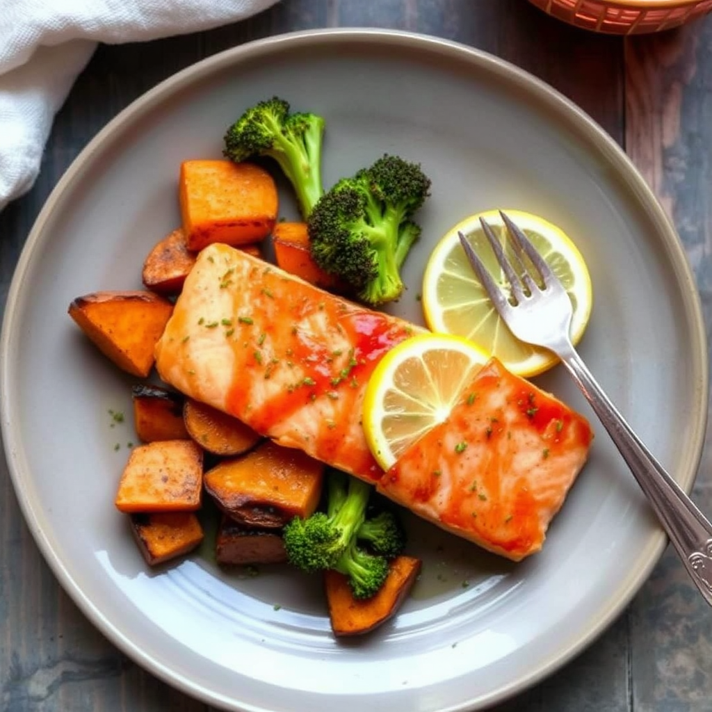 Citrus Glazed Salmon with Roasted Sweet Potatoes and Broccoli