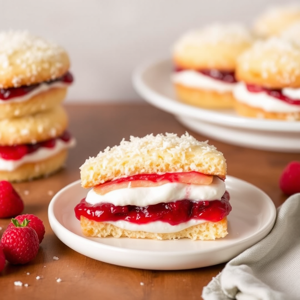 Coconut Cake Sandwiches with Raspberry Jam and Whipped Cream Filling