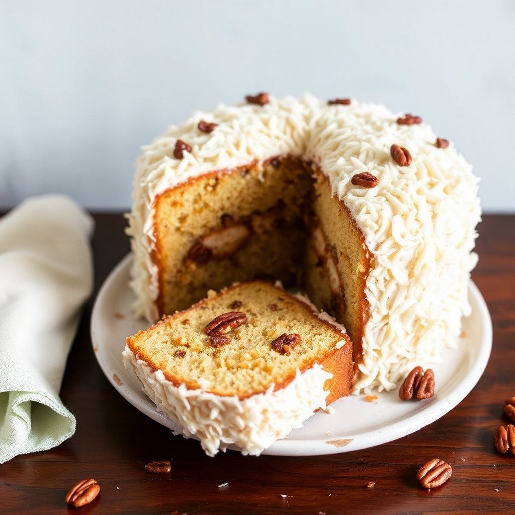 Coconut Cake with Caramelized Banana and Pecans