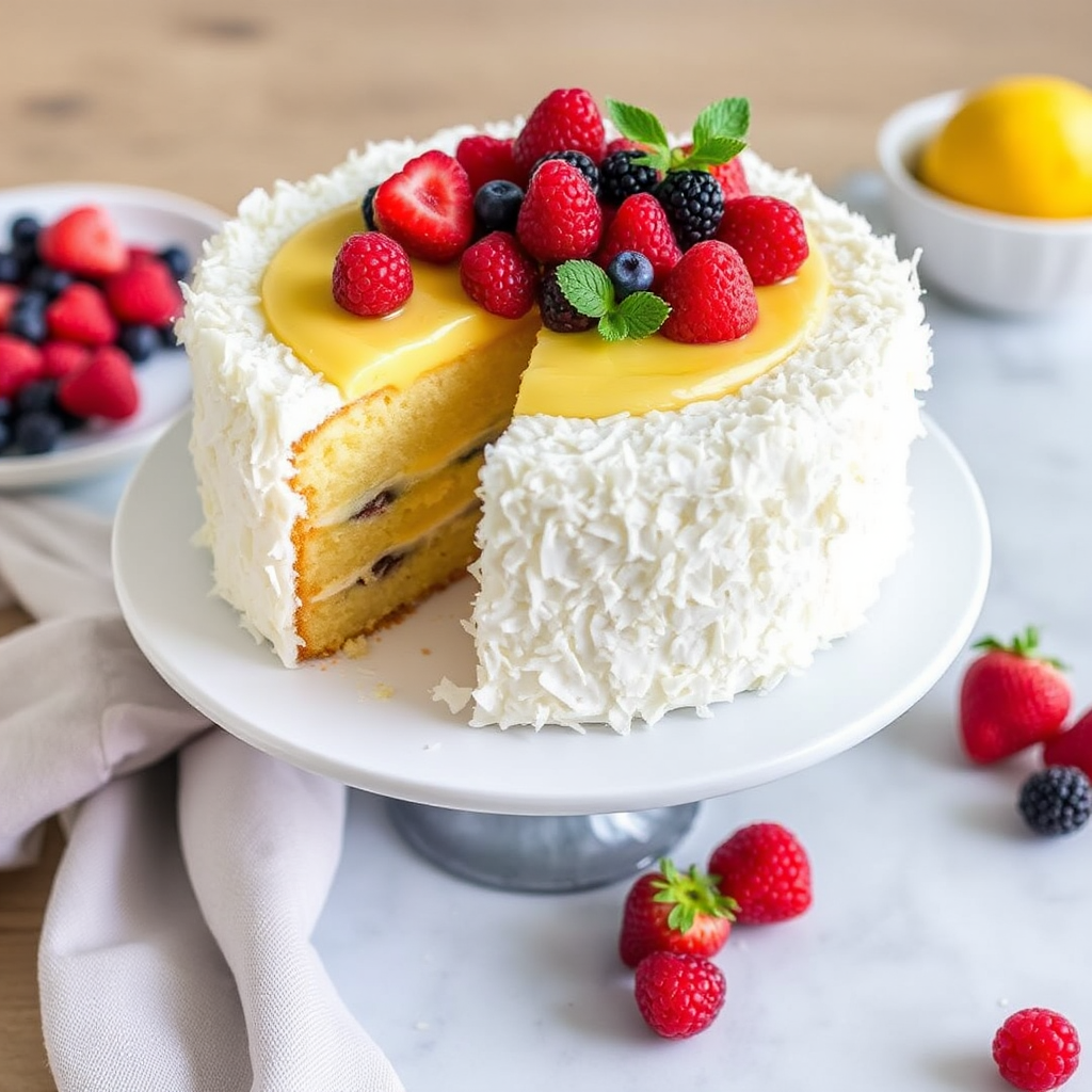 Coconut Cake with Lemon Curd and Fresh Berries