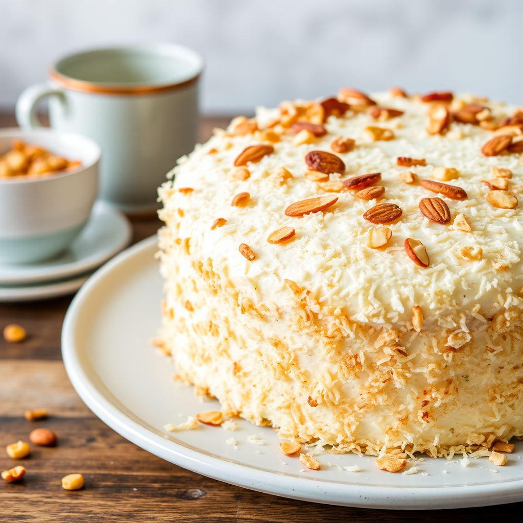 Coconut Cake with Mango Mousse and Toasted Almonds