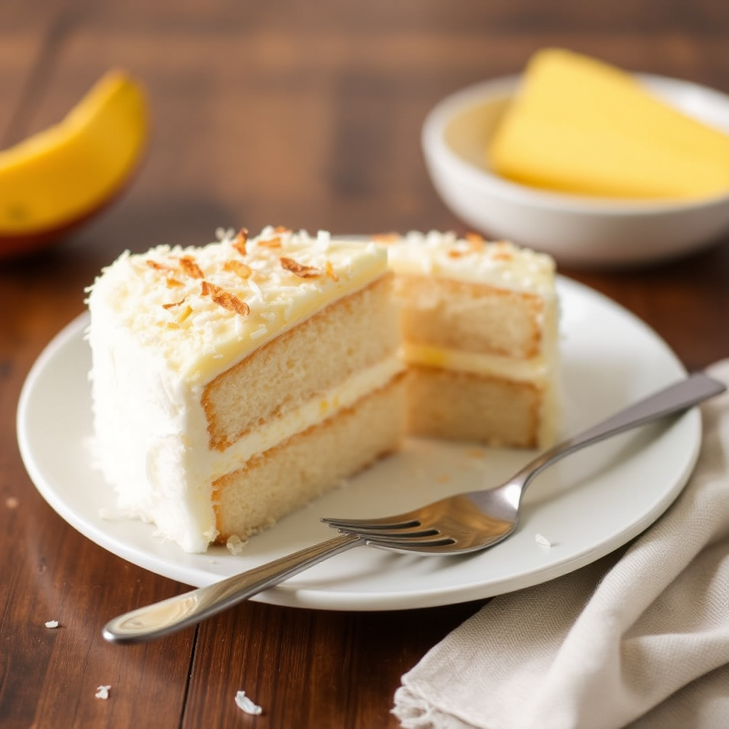 Coconut Cake with Mango Mousse and Toasted Coconut Flakes