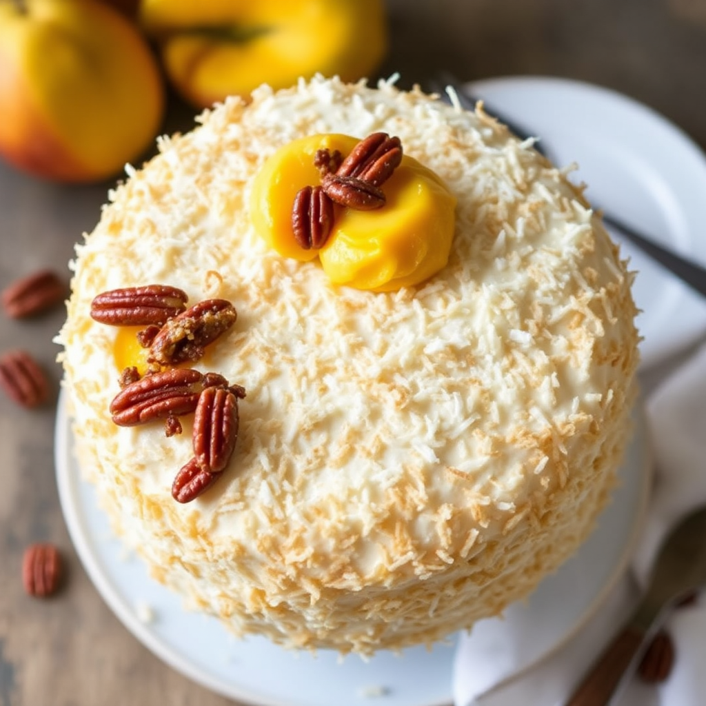 Coconut Cake with Mango Mousse and Toasted Pecans