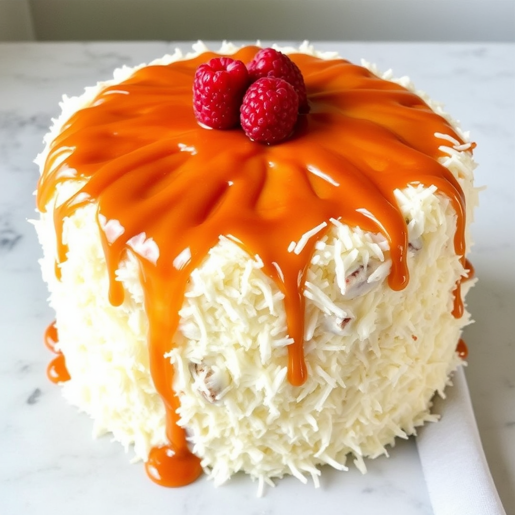 Coconut Cake with Raspberry Swirl and Caramel Glaze