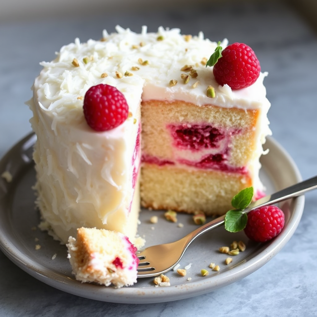 Coconut Cake with Raspberry Swirl and Pistachio Crumble