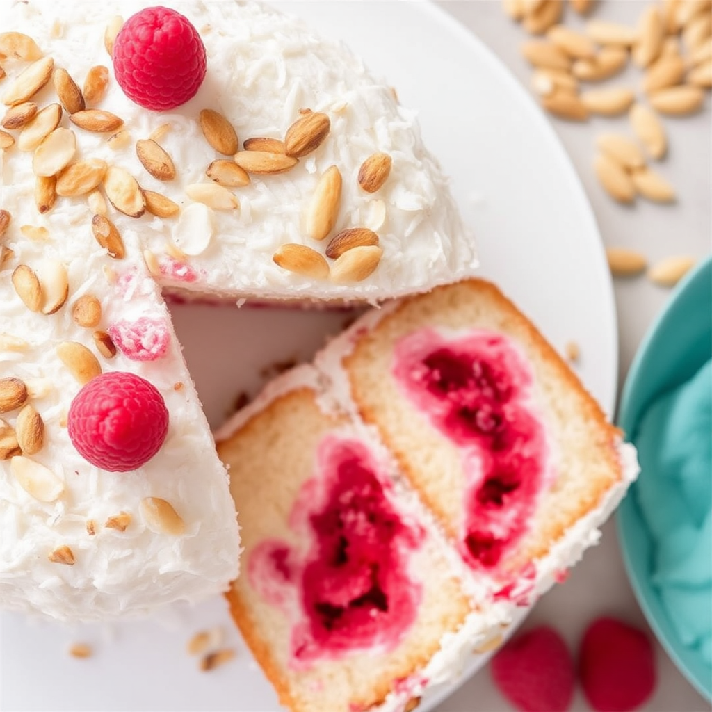 Coconut Cake with Raspberry Swirl and Toasted Almonds