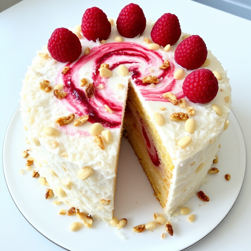 Coconut Cake with Raspberry Swirl and Toasted Macadamia Nuts