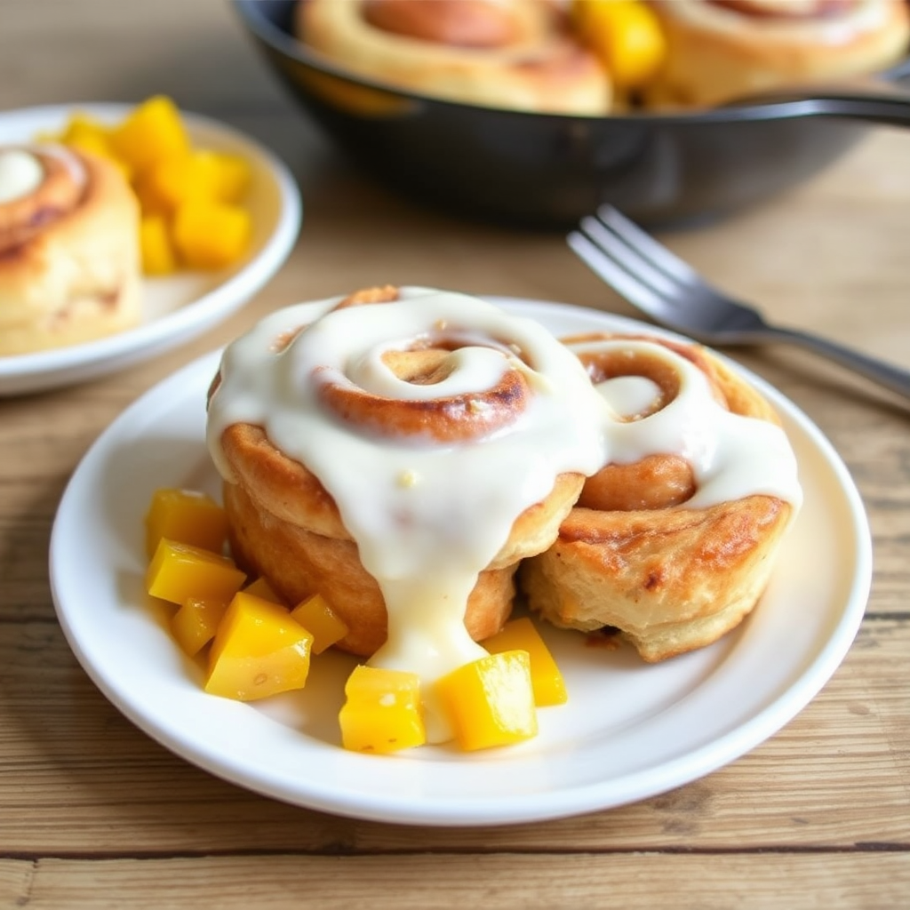 Coconut Cinnamon Rolls with Mango Salsa and Crème Fraîche Glaze