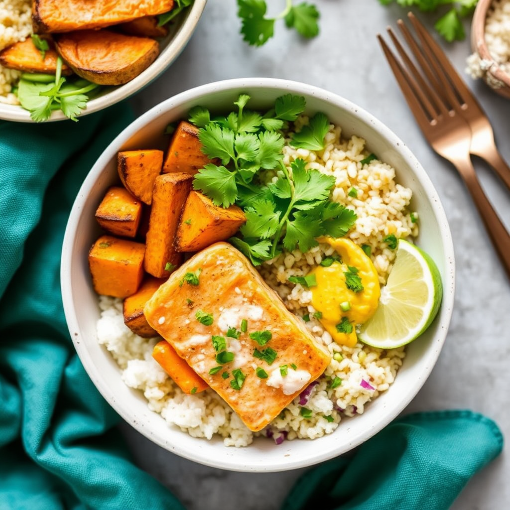 Coconut Curry Salmon Bowls with Roasted Sweet Potato & Cilantro Lime Rice