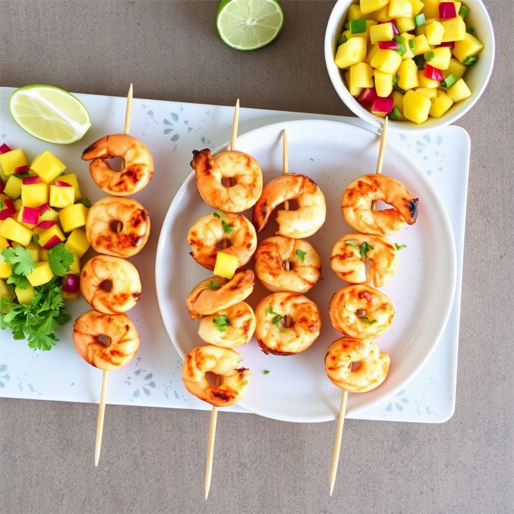 Coconut Curry Shrimp Skewers with Mango Salsa