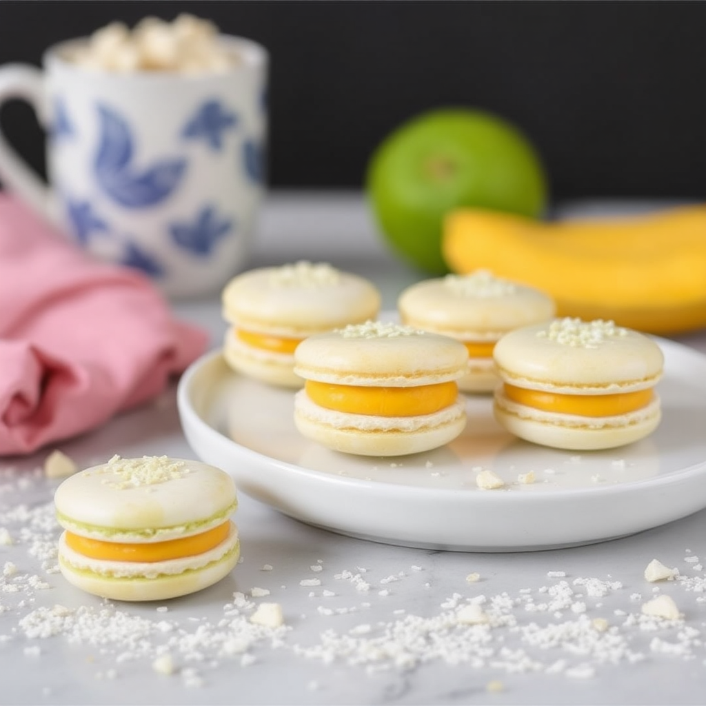 Coconut Lime Macarons with Mango Mousse Filling