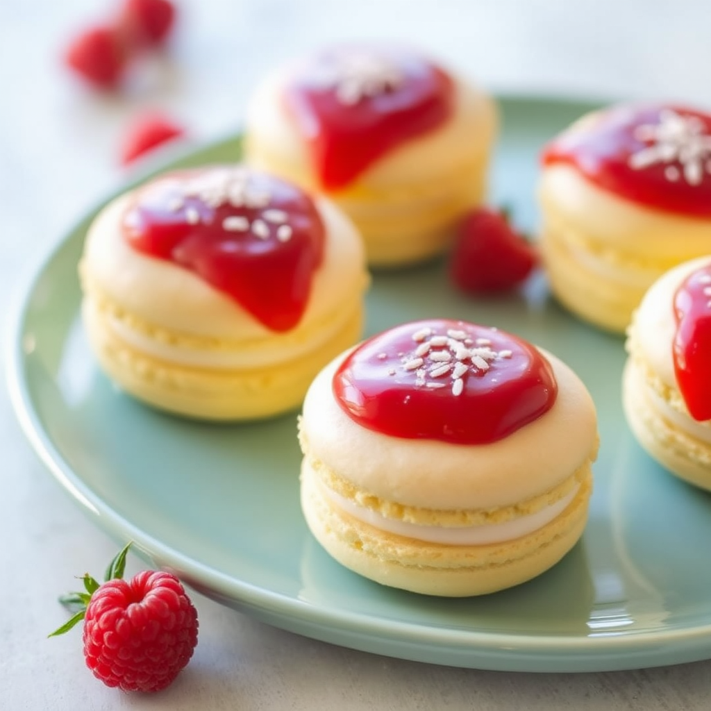 Coconut Lime Macarons with Raspberry Coulis