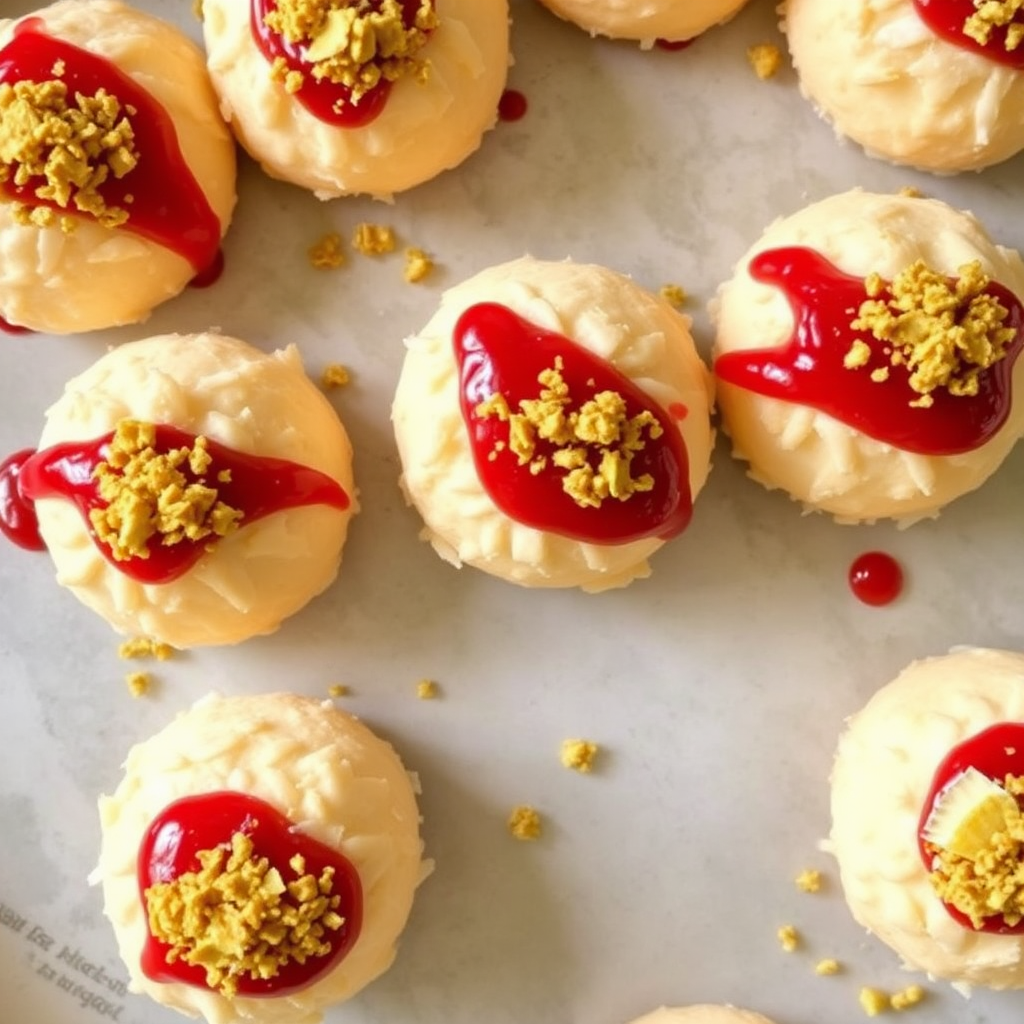 Coconut Macaroons with Raspberry Coulis and Pistachio Crunch