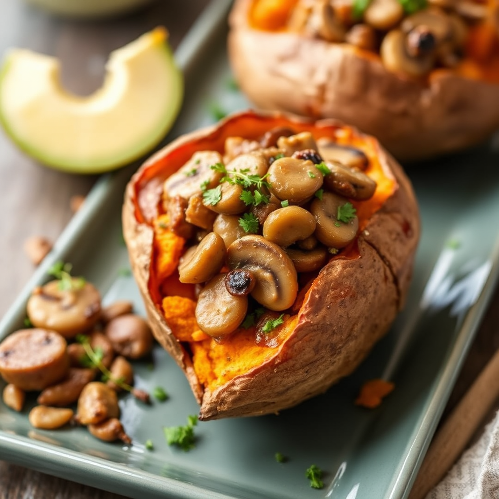 Garlic and Mushroom Stuffed Sweet Potatoes