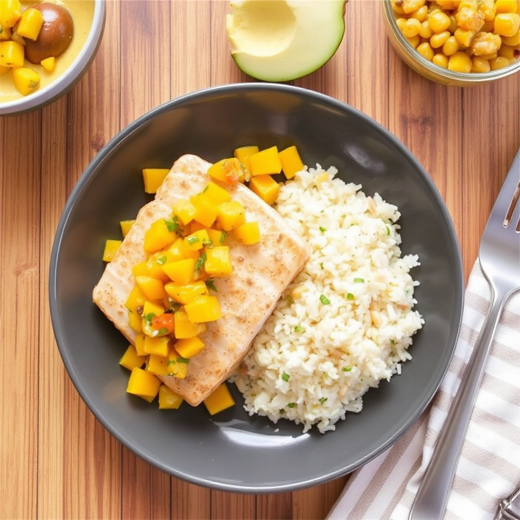 Ginger-Garlic Salmon with Mango Salsa and Coconut Rice