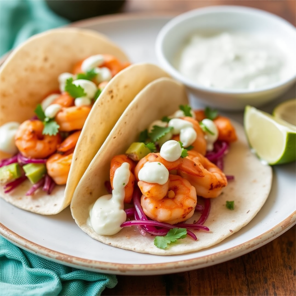 Ginger-Garlic Shrimp Tacos with Avocado Crema