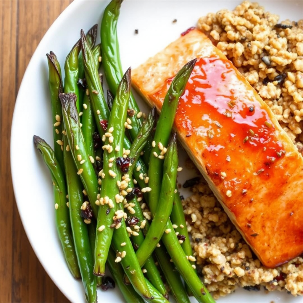 Ginger Glazed Salmon with Roasted Green Beans and Sesame Quinoa