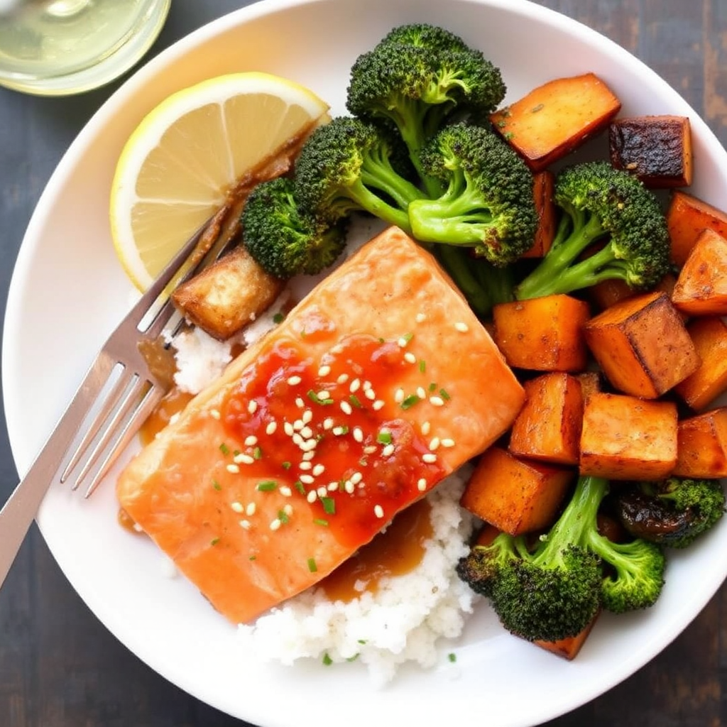 Ginger-Glazed Salmon with Roasted Sweet Potatoes and Broccoli