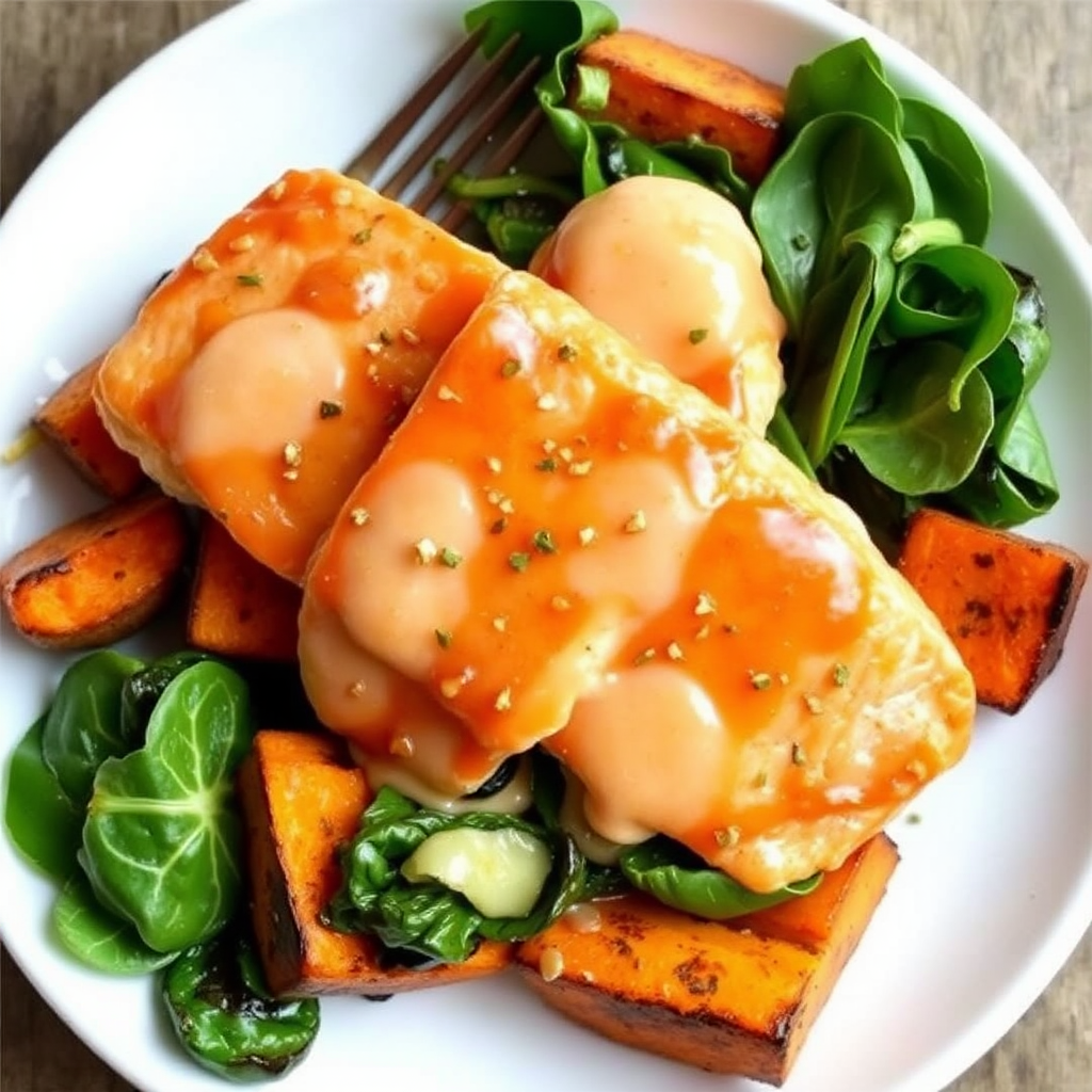 Ginger-Glazed Salmon with Roasted Sweet Potatoes and Spinach