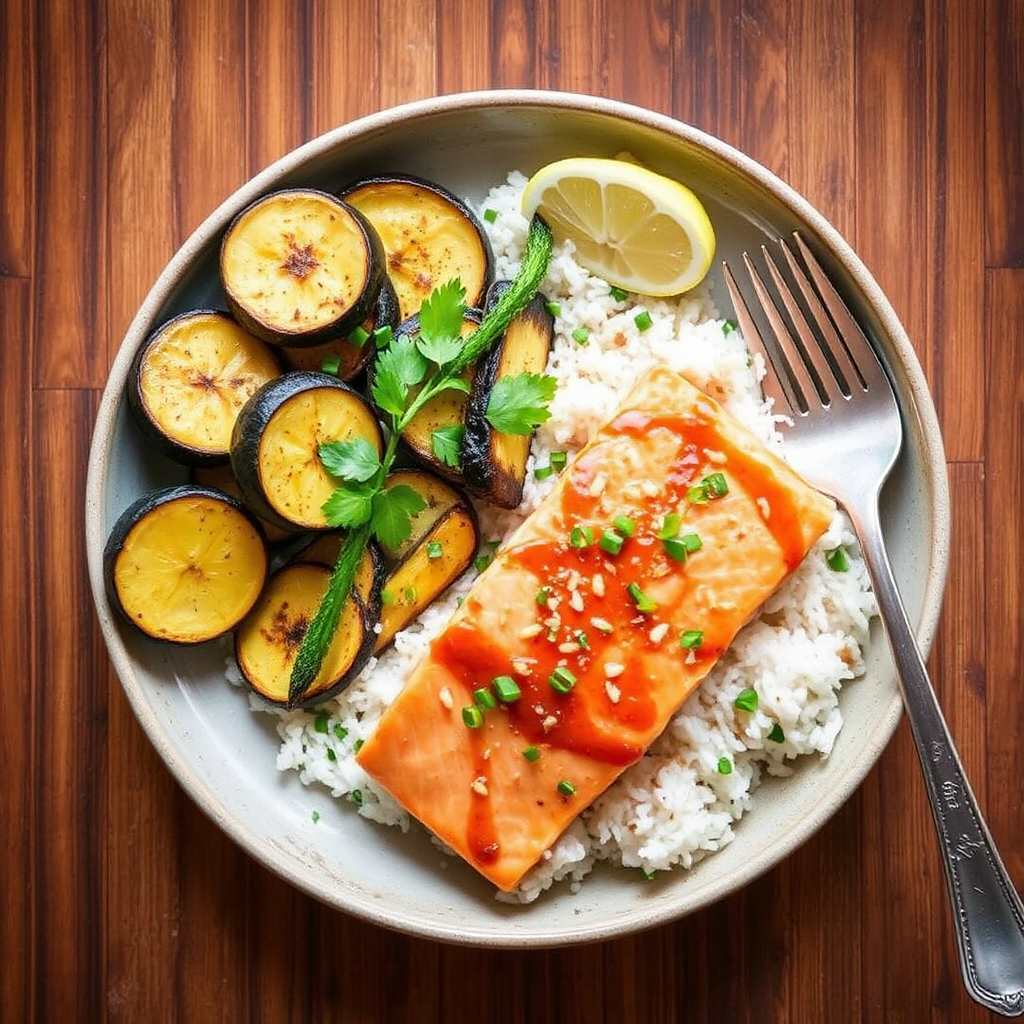 Ginger-Glazed Salmon with Roasted Zucchini and Coconut Rice