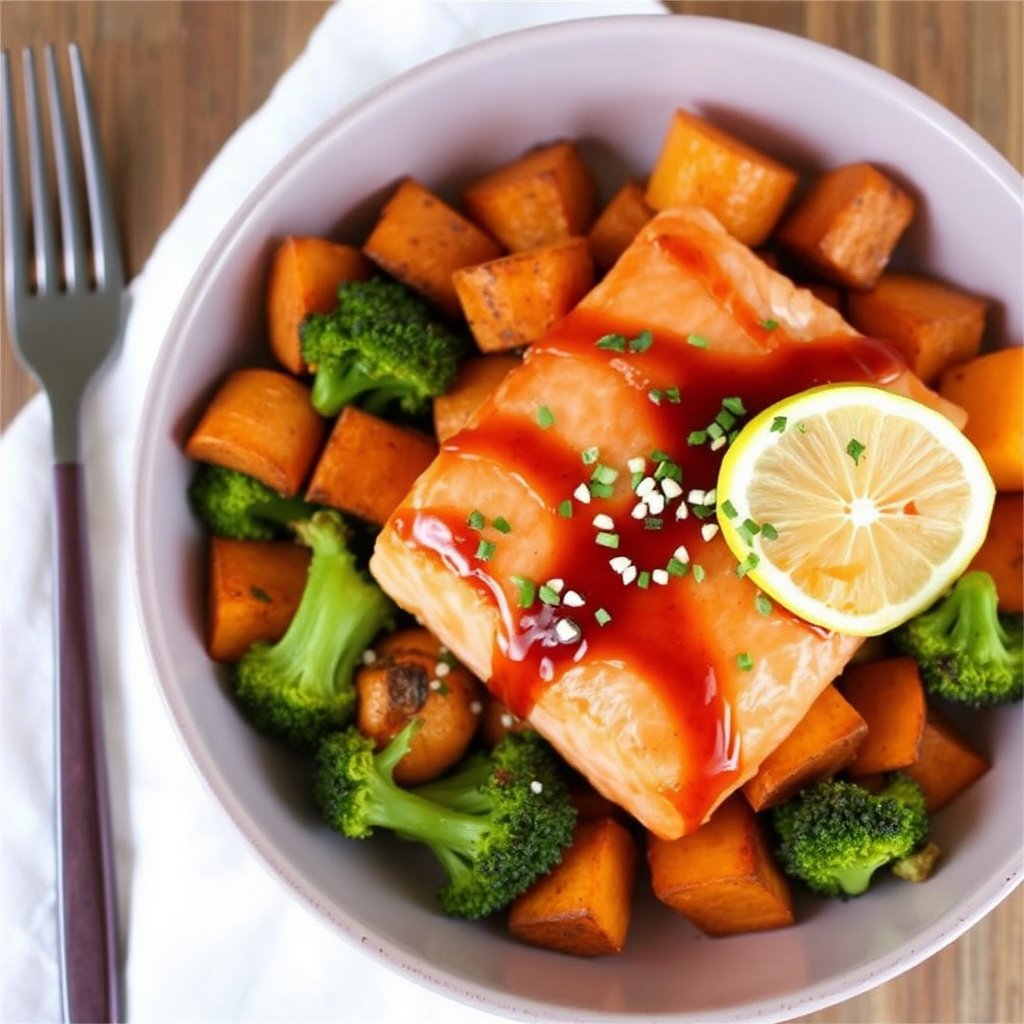 Ginger-Soy Glazed Salmon with Roasted Sweet Potatoes and Broccoli