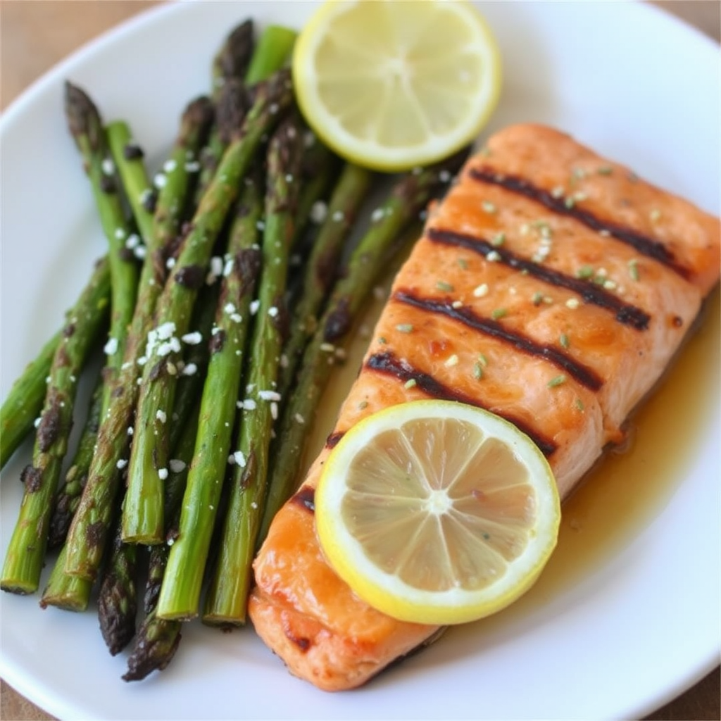 Grilled Salmon with Lemon-Ginger Glaze and Roasted Asparagus