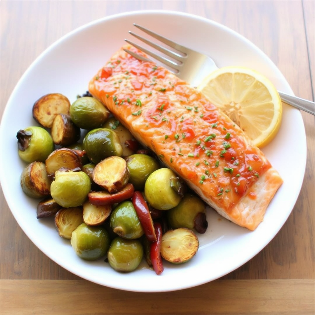 Honey-Garlic Glazed Salmon with Roasted Brussel Sprouts and Caramelized Apples