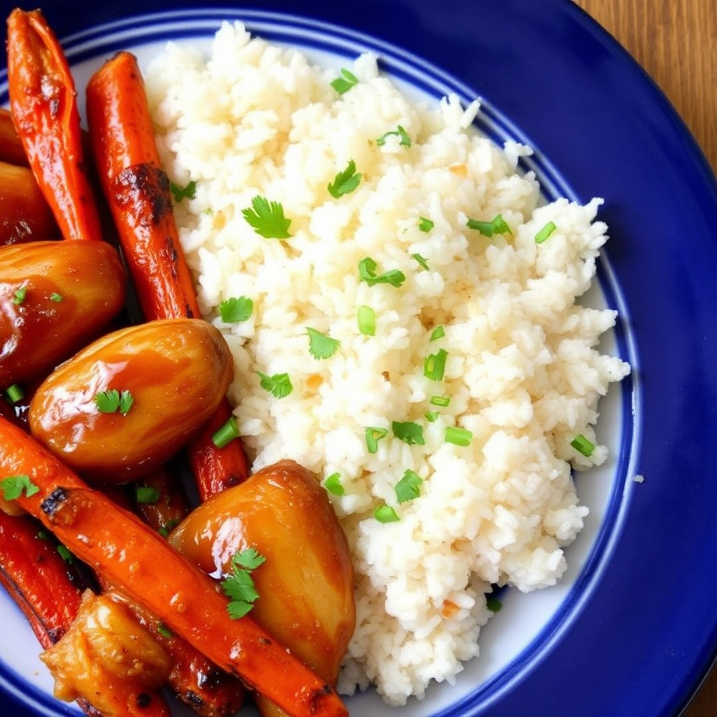 Honey-Ginger Glazed Chicken with Roasted Carrots and Coconut Rice