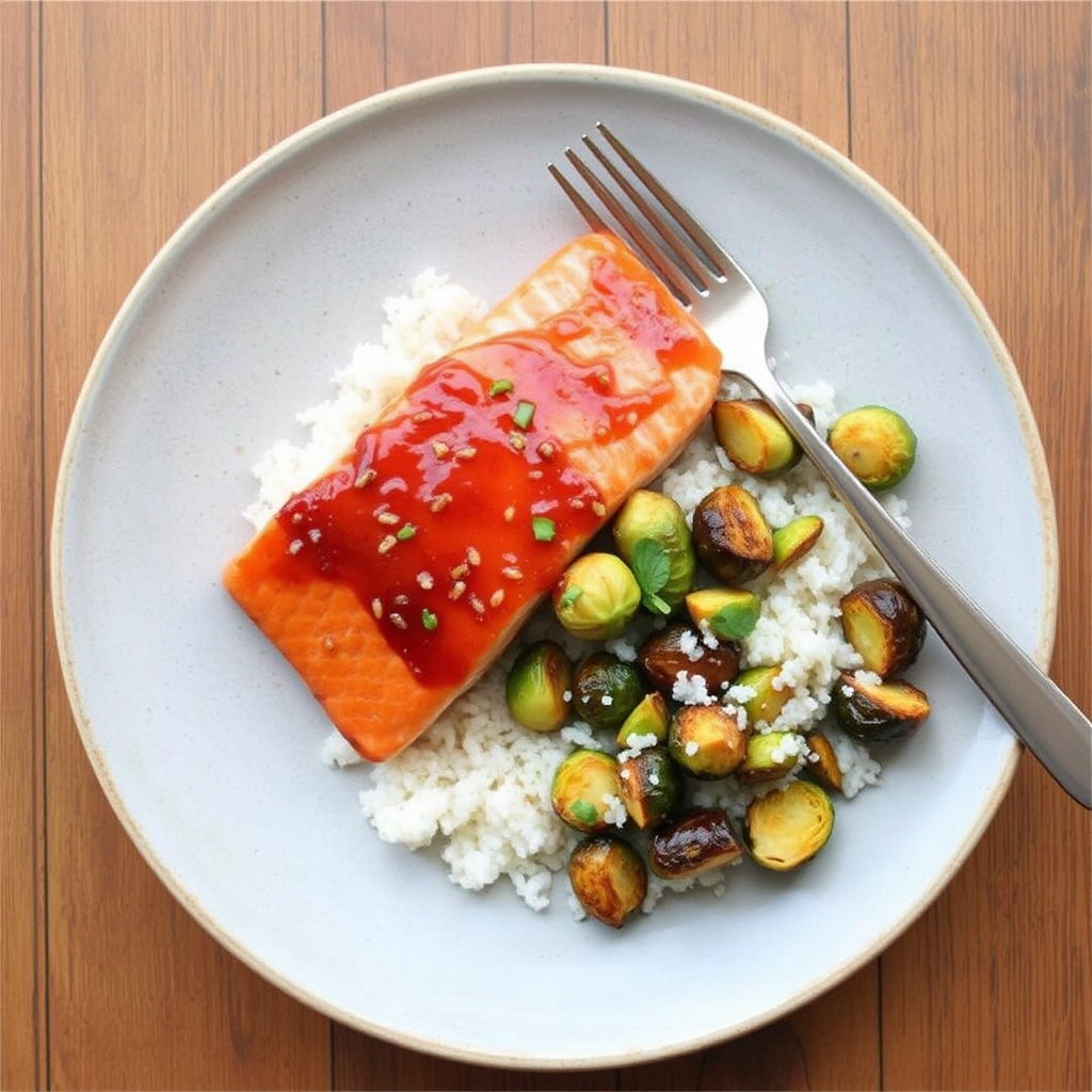 Honey-Ginger Glazed Salmon with Roasted Brussel Sprouts and Coconut Rice