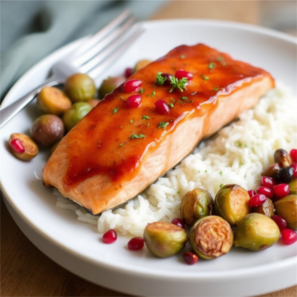 Honey-Ginger Glazed Salmon with Roasted Brussel Sprouts and Pomegranate Seeds