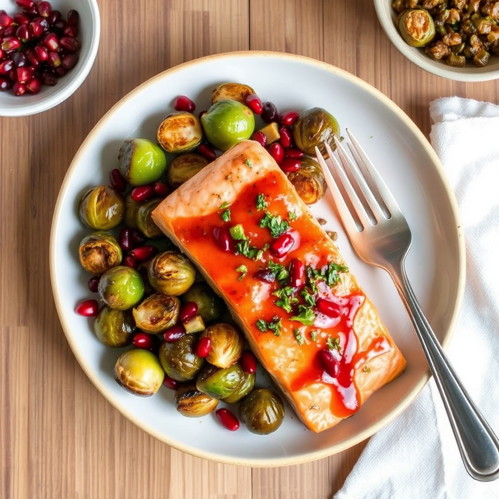 Honey-Ginger Glazed Salmon with Roasted Brussels Sprouts and Pomegranate Seeds