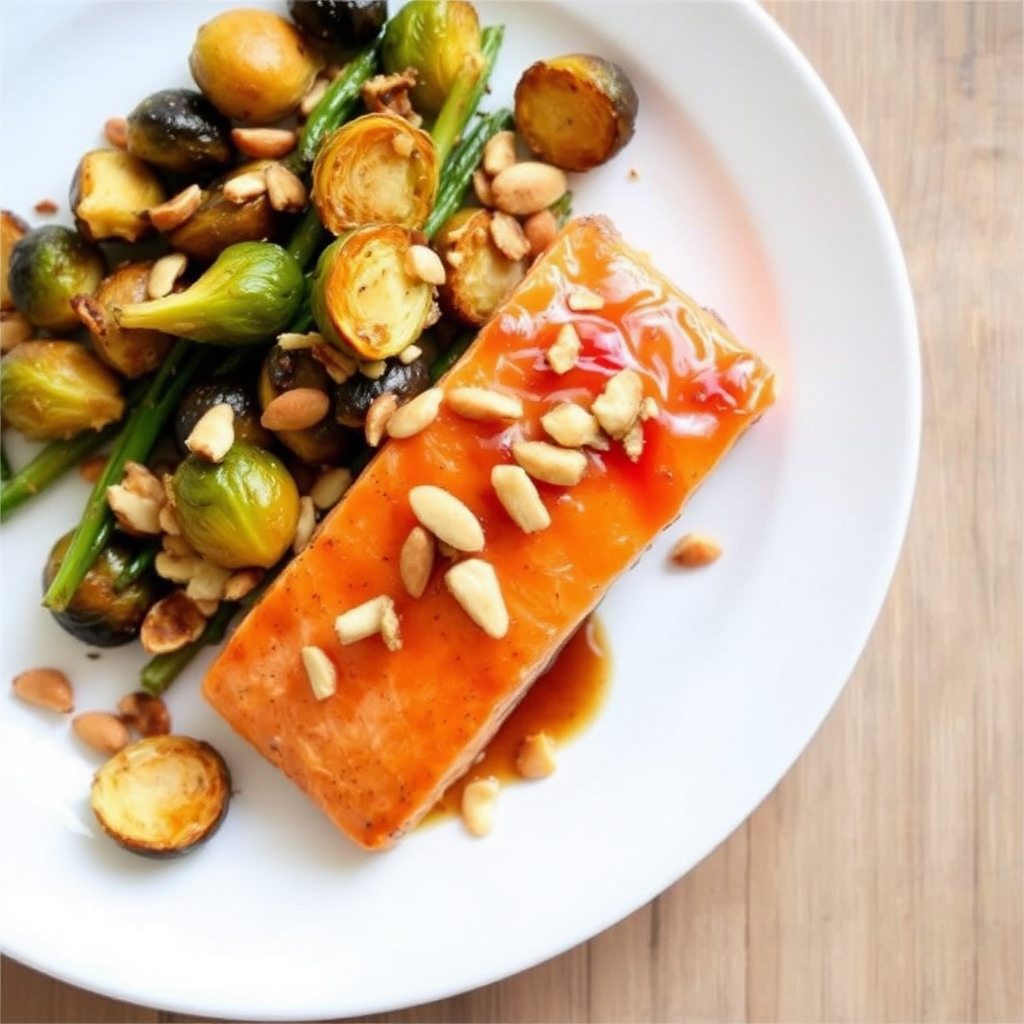 Honey-Ginger Glazed Salmon with Roasted Brussels Sprouts and Toasted Almonds