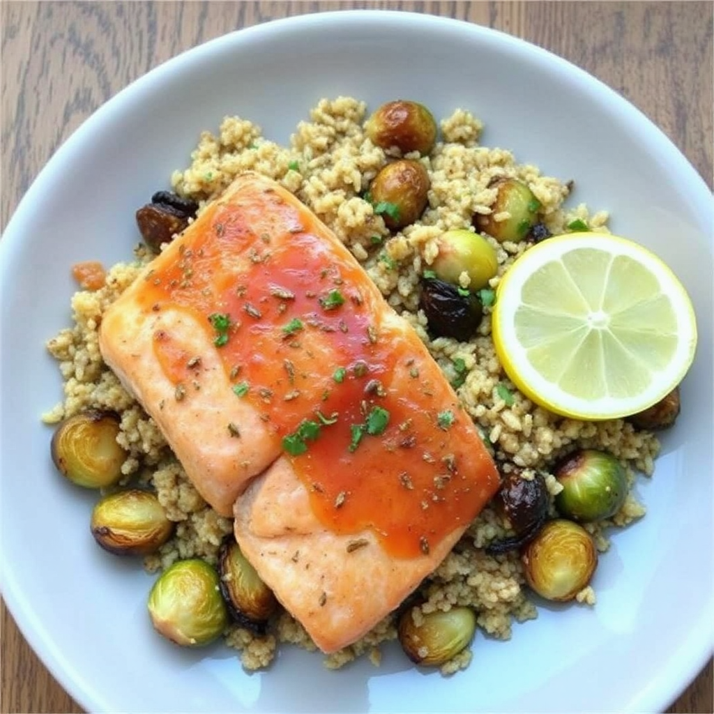 Honey-Glazed Salmon with Roasted Brussel Sprouts and Citrus Quinoa