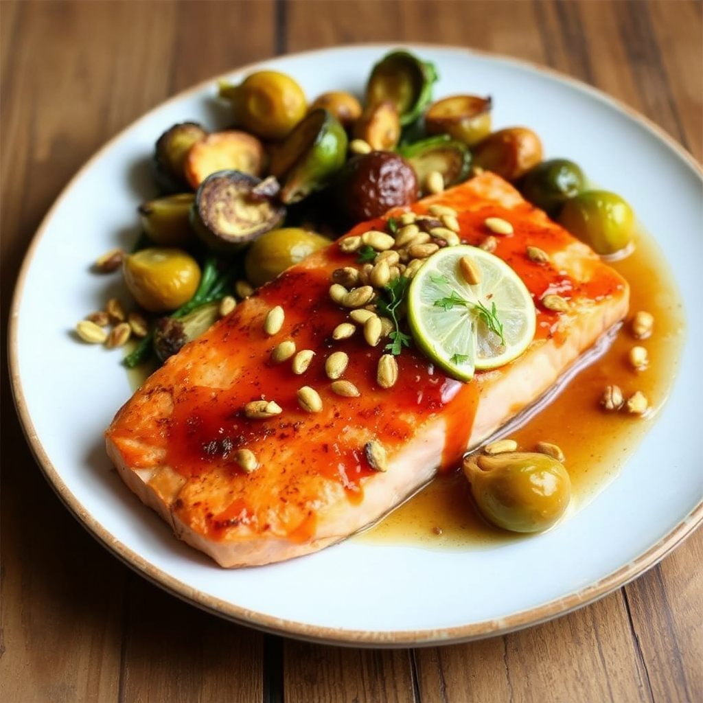 Honey-Glazed Salmon with Roasted Brussel Sprouts and Pistachios