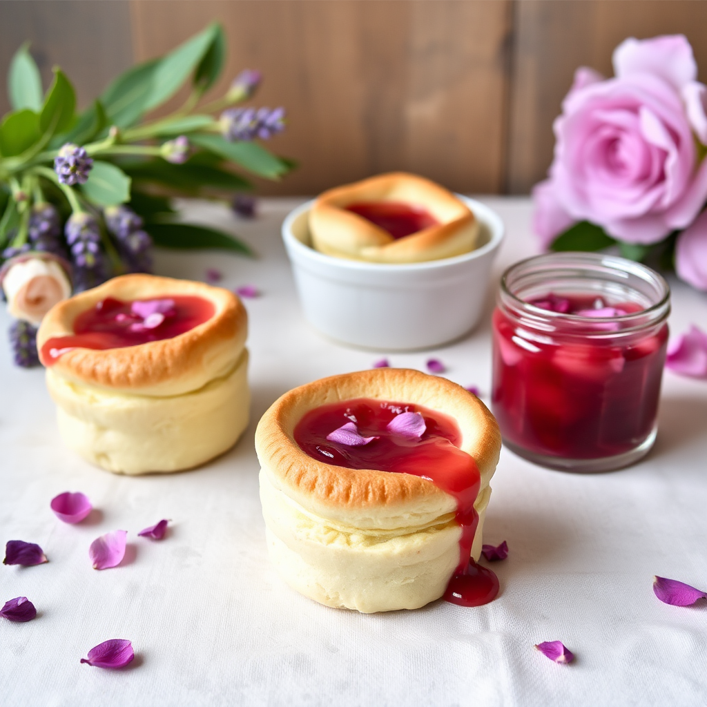 Lavender Honey Soufflé Cakes with Rose Petal Jam